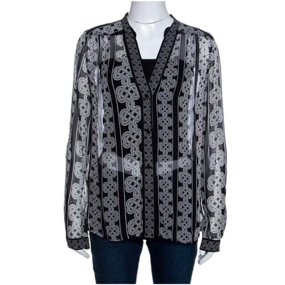 Diane von Furstenberg DVF Silk Black White Blouse Sz 6 Career Party Designer Top